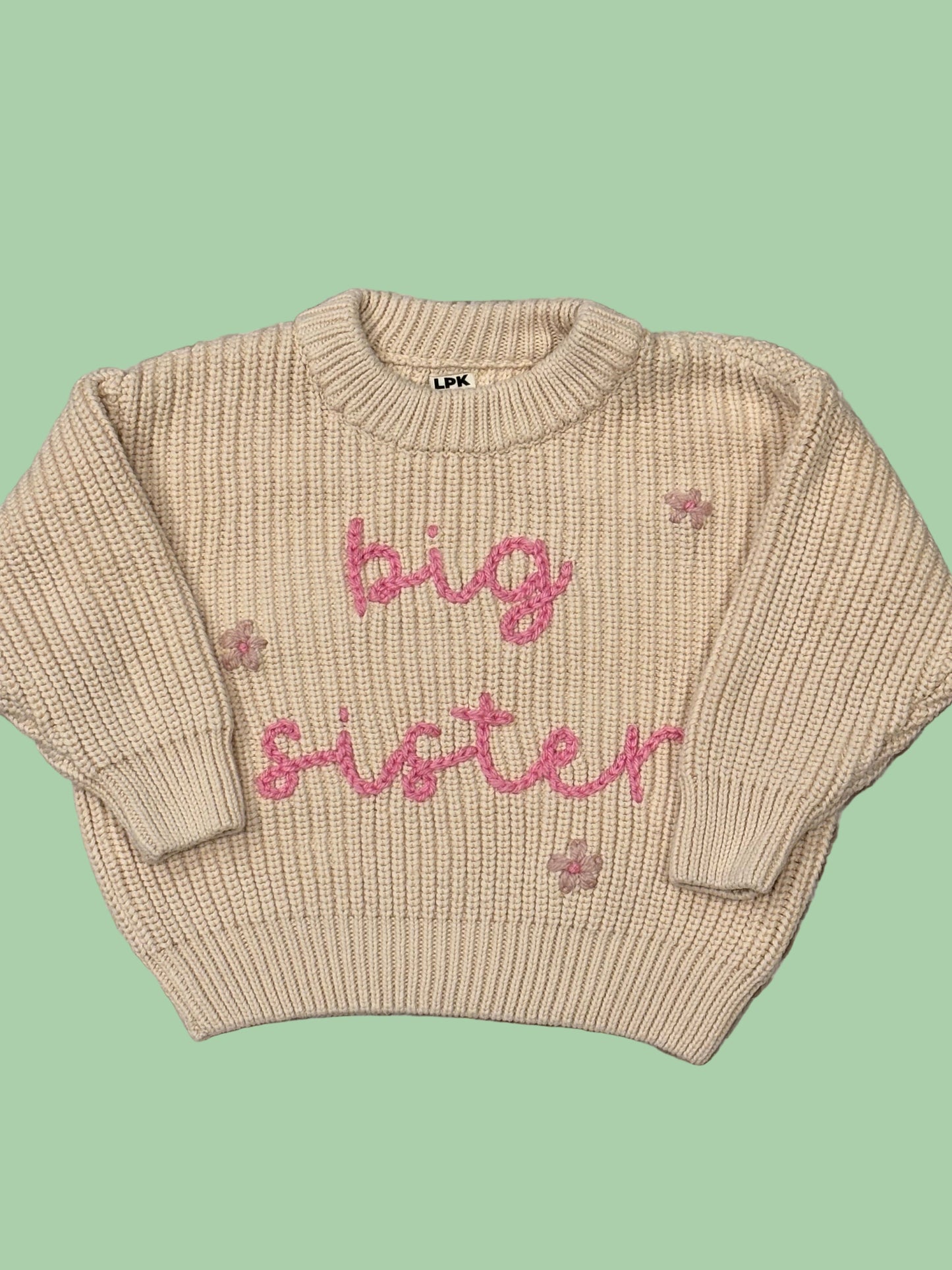 keepsake hand embroidered name knit oversized sweater jumper for newborn babies toddlers kids girls boys