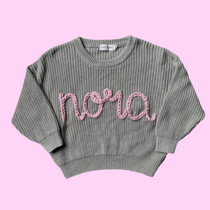 keepsake hand embroidered name knit oversized sweater jumper for newborn babies toddlers kids girls boys