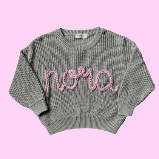 keepsake hand embroidered name knit oversized sweater jumper for newborn babies toddlers kids girls boys