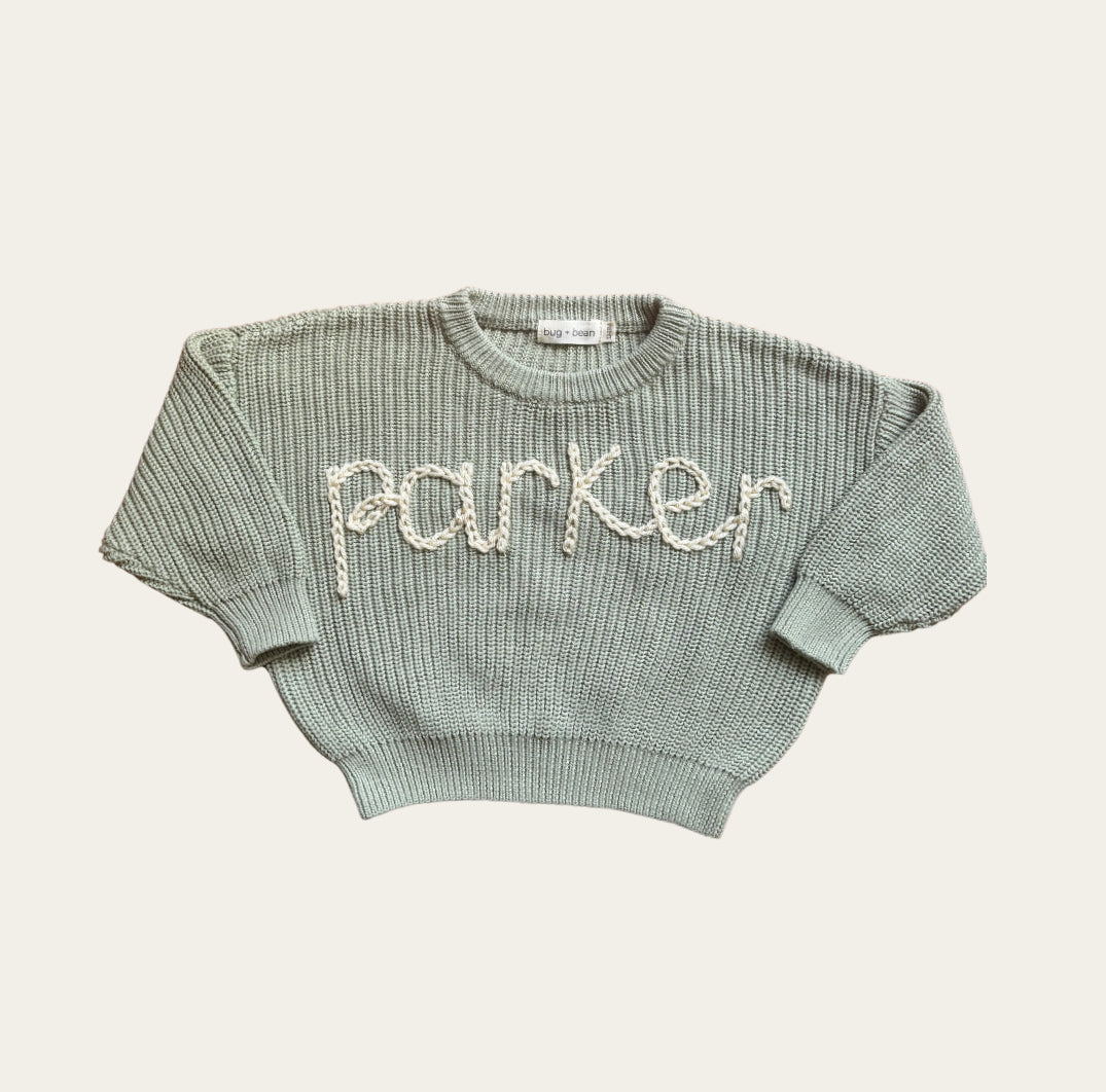 keepsake hand embroidered name knit oversized sweater jumper for newborn babies toddlers kids girls boys