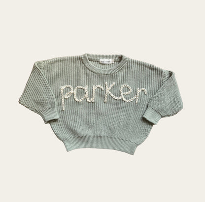 keepsake hand embroidered name knit oversized sweater jumper for newborn babies toddlers kids girls boys