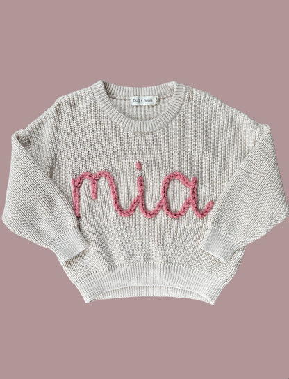 keepsake hand embroidered name knit oversized sweater jumper for newborn babies toddlers kids girls boys