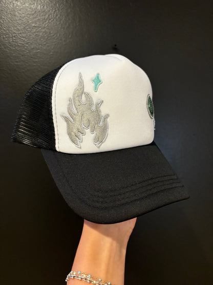 blue flame trucker hat