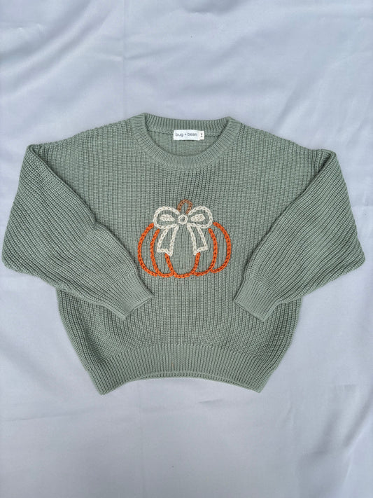 pumpkin bow sweater | sage green 3-4T
